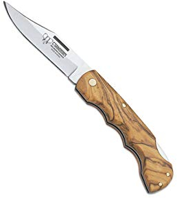 Cudeman 335-L Klappmesser 6,5 cm MoVa-Edelstahlklinge, 8,5 cm Naturolivengriff für Jagd, Überleben und Bushcraft + Flaschenhalter