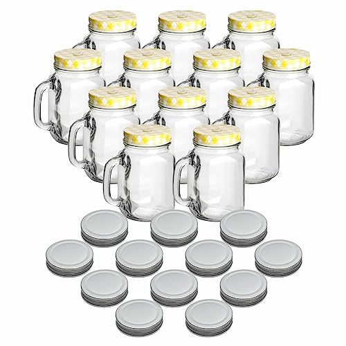 gouveo 12er Set Trinkgläser 450 ml mit Deckel gelb, silberfarben - Trinkglas mit Henkel und Mehrweg-Trinkhalm - Henkelgläser mit Deckel - Cocktail-Glas für Garten (TGH450SG)