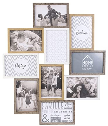 HOME DECO FACTORY Pele-Mele - Marco de fotos múltiple para 10 fotos (madera y blanca), diseño de recuerdo