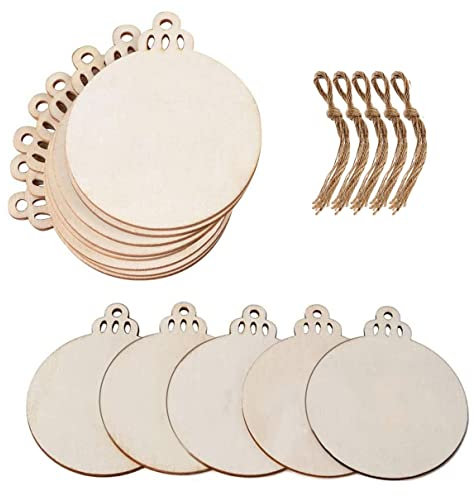 ABSOK Lot de 50 boules de Noël rondes en bois vierges à suspendre avec ficelles pour décoration de vacances et loisirs créatifs, étiquettes cadeaux et décorations à suspendre