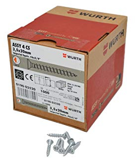 Würth Assy 4 CS Spanplattenschraube 3,5x20mm, 1000 St/Pack, Stahl verzinkt, Vollgewinde, Senkkopf RW 20