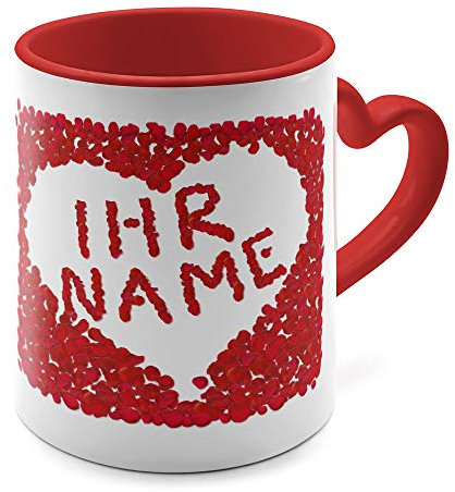 printplanet® - Herz-Tasse mit Namen oder Wunschtext Bedrucken - Namenstasse mit Herz-Henkel Personalisieren - Farbe: Rot - Motiv Rosenherz