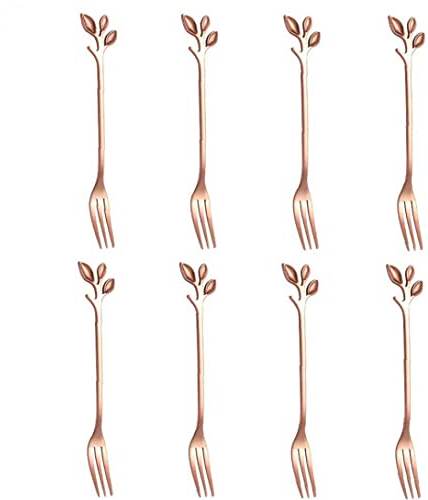 NIDONE Fork Set Dessert Cake Fruit Fork Mini Handle Fork Stainless Steel Kitchen Accessories with Leaf Shape for Home Party Rose Gold 8PCS