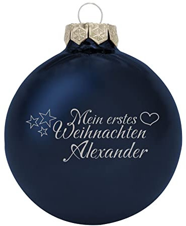 Deitert Weihnachtskugel mit Wunschtext Gravur, Ø 8cm, personalisierte Christbaumkugel aus Glas (glänzend), Individueller Weihnachtsbaumschmuck Namen oder Spruch, Mein erstes Weihnachten, blau