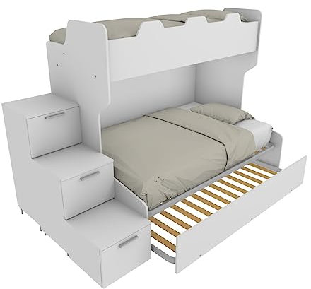 MOBILFINO CAMERETTE Letto a Castello salvaspazio con Scala Contenitore - 1 Piazza e Mezza + Singolo - Bianco, con Letto Estraibile