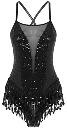 TiaoBug Damen Pailletten Latein Kleider Fransen Ballett Trikot ärmellos Ballettanzug Rückenfreier Tanz Body Anzug Flapper Kostüm Gr XS S M L XL Schwarz E S