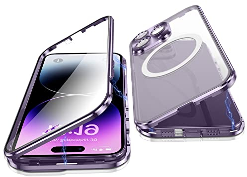 Jonwelsy Hülle für iPhone 14 Pro, 360 Grad Beidseitig Schutz Kompatibel mit Magsafe Magnetische Adsorption Metallrahmen Case Vorne Glas Hinten Frosted PC Cover Handyhülle für 14 Pro 6,1 (Violett)