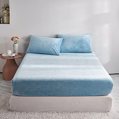 Damier Winter Spannbettlaken 200x200cm Hellblau Flauschige Warme Samt Bettlaken Teddy Plüsch Spannbetttuch Geeignet für 30cm Matratze