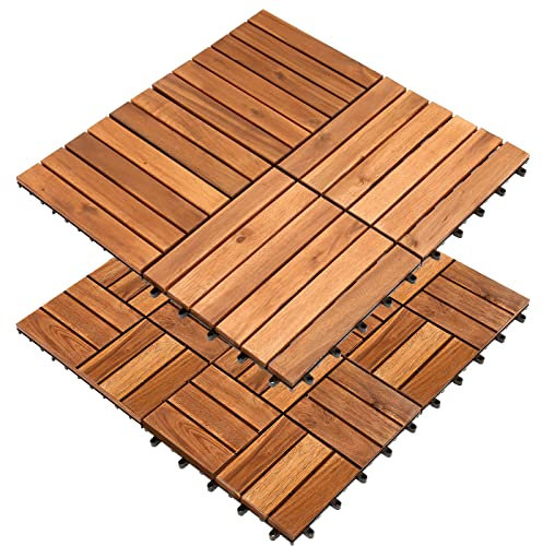 Herrselsam Holzfliesen aus Akazien Holz,30 x 30 cm Bodenfliesen, 33 Stück, 3 m² Terrassenfliese,Balkon Bodenbelag, Holzfliesen Balkon, 12 Latten Fliese