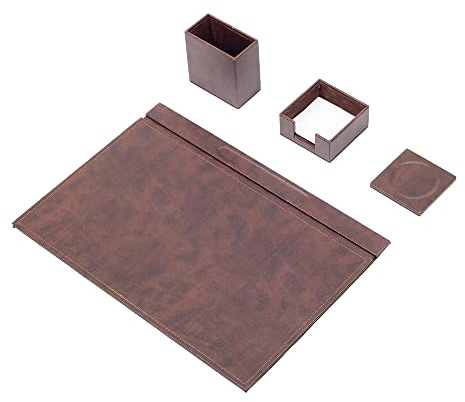 Schreibtisch-Set aus Leder – Schreibtischunterlage – Notizpapierhalter – Stifthalter – Lederuntersetzer – 4 Zubehörteile – Schreibtisch-Organizer – 4 Stück (Brown)