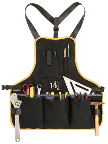 Briteree Arbeitsschürze für Damen und Herren, Torso-Länge mit 21 Werkzeugtaschen, strapazierfähige Canvas-Schürze, Heimwerker (Black Pro)