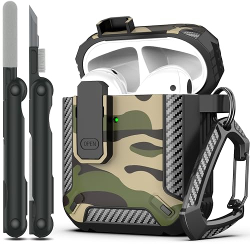 RFUNGUANGO Kompatibel mit AirPods hülle Schutzhülle mit Reinigungsset, militärische Hartschalen-Schutzhülle mit Schloss Kompatibel mit airpods 2/1 Generation hülle,Schwarzer Tarnanstrich