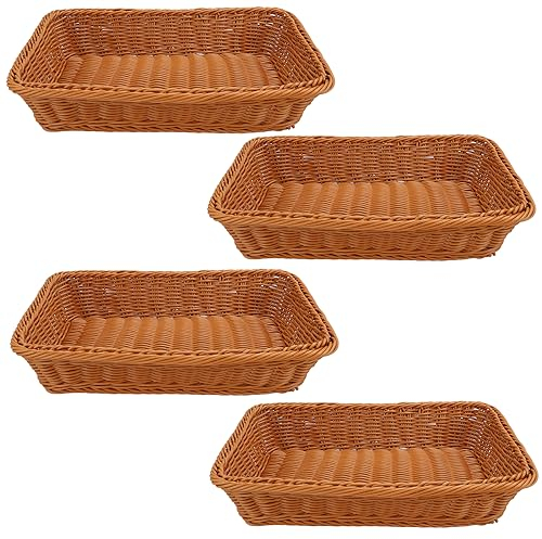 YOUNTHYE 4PCS Wicker Basket, 35x25CM Large Wicker Storage Basket Hamper Rectangle Bread Basket Storage Stackable for Home Kitchen Restaurant Supermarkets