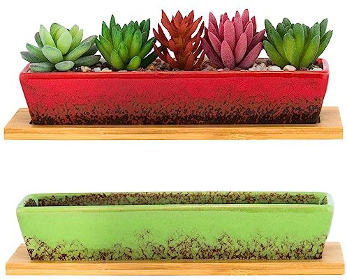 ARTKETTY 2 Pack Ceramic Succulent Plant Pots with Drainage Tray, 25CM Long Rectangular Window Planters for Indoor Plants Shallow Flower Pot for Home Decor