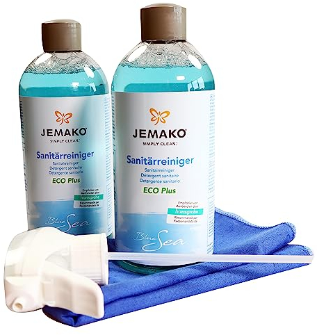 Jemako 3er Set: 2 x Sanitärreiniger Eco Plus á 500 ml inklusive 1 x Jemako Schaumpumpe. Dazu 1 x K7plus Profi-Microfasertuch.