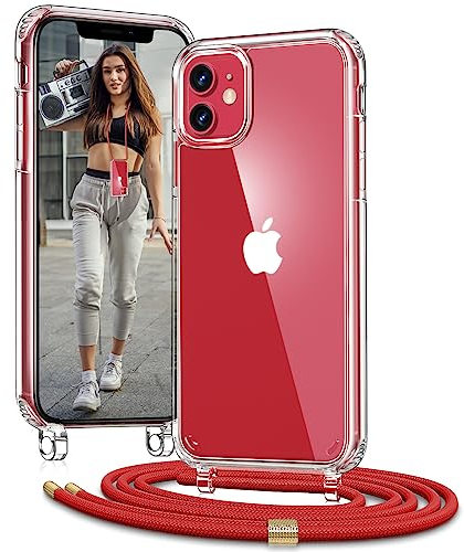 Vaykwo Handykette für Apple iPhone 11 Hülle mit Band - Necklace Handyhülle - Transparente Case zum Umhängen mit Kameraschutz und Bildschirmschutz - Rot