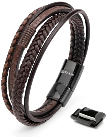 SERASAR Lederarmband Armband Herren Braun 23cm - Herrenarmband Männer Leder Armreif Herrenschmuck Flecht Wickelarmband Kette Armbändchen Men Leather Bracelet Geschenk Ihn