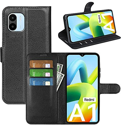 BOCTECH Cover per Xiaomi Redmi A1 / Redmi A2, Custodia a Libro Portafoglio in Pelle PU e Silione Morbido con Porta Carte, Magnetica e Supporto Flip Case Antiurto per Redmi A1 / Redmi A2, Nero