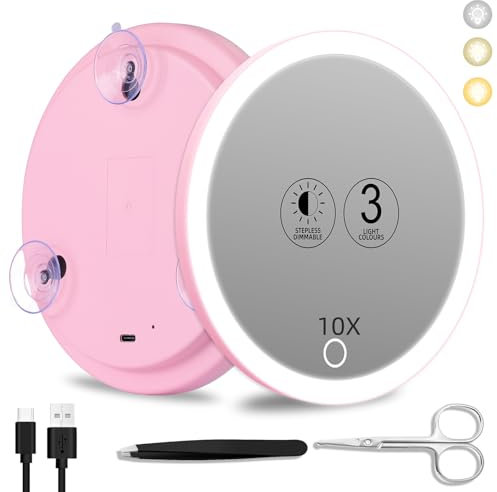 Suupvaor Miroir Grossissant 10x Avec Lumière, 3 Modes de Couleurs, 15cm, Éclairé, 3 Ventouses, de Voyage, Maquillage à Fort Grossissement