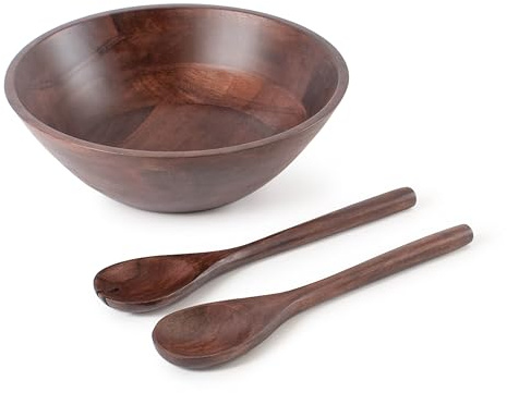 Luxe Designs Wooden Salad Bowl Set - Food Safe & Sustainable Decorative Wood for Fruits, Salads Easy to Clean Large Bowls w/Spoon, Fork 12'' x 4''