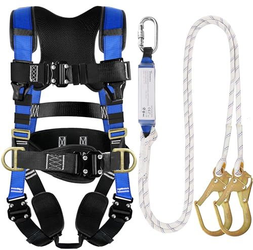 TRSMIMA Safety Harness Fall Protection - Roofing Harness Kit Men Full Body Construction Harness with Lanyard for Work Upgrade 4 Quick Buckles