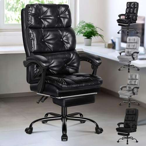 ALFORDSON Bürostuhl, Ergonomischer Computer-Schreibtischstuhl mit Fußstütze, Dreipolsterige Form eines Netzstuhls mit Hoher Rückenlehne, 150° Neigbarer Liege, PU-Leder, Glänzendes Schwarz