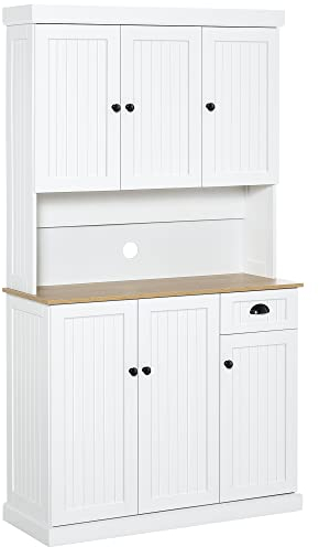 HOMCOM - Aparador de cocina alto con armarios empotrados, cajón y bandeja para microondas, armario estrecho con puertas y estantes ajustables para salón, comedor, 101 x 39 x 180 cm, color blanco