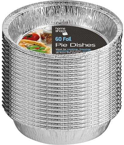 Homeshopa Aluminum Foil Pie Pan, 60 Pack Disposable Round Flan Trays, Durable Air Fryers Cooking Baking Dishes for Pie, Fruit Tarts, Quiche, Food Storage Takeaway Containers, Oven & Freezer Safe