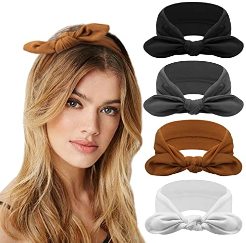 DRESHOW 4 Stück Damen Stirnband Elastische Weiche Stirnbänder Kopfband Haarband Kopf Wickeln Niedlich Haarschmuck für Alltag Yoga Sport Fitness