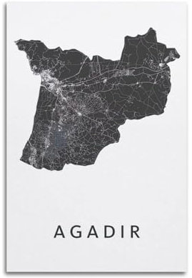 HUIYHB Poster im Vintage-Stil, Schwarz-Weiß-Karte, Afrika, Marokko, Agadir-Poster, dekorative Malerei, Leinwand, Wandposter und Kunstdruck, moderne Familienschlafzimmer-Dekoration, Poster, 60 x 90 cm
