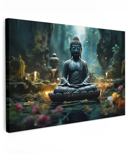 MuchoWow© Bild auf Leinwand Groß 120x80 cm XXL Schlafzimmer Bilder Badezimmer Wand Deko Wohnzimmer Modern Wanddeko Bilderwand Geschenk Buddha - Statue - Zen - Kunst - Buddha