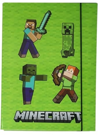 Stabile Kinder Box Sammelbox Heftbox Heftmappe Sammelmappe für Schulranzen Dossier Ordner mit Gummizug Gummiband und Innenklappen DIN A4 (Minecraft grün)