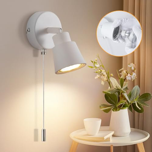TaFiCo Weiß Wandlampe mit Zugschalter GU10 - Modern Wandlampe Innen mit Schalter 350° Drehbar - 50 W Wandleuchte mit Schalter für Schlafzimmer Wohnzimmer Küche Korridor - Ohne Leuchtmittel