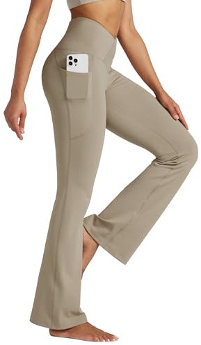 WILLIT Yogahose Damen Flare Leggings Jogginghose Hohe Taille Bootcut Bauchkontrolle Sporthose Büro Stretch Hose Elegante Schlaghose Workout Leggings mit Taschen 31 Hellbraun M
