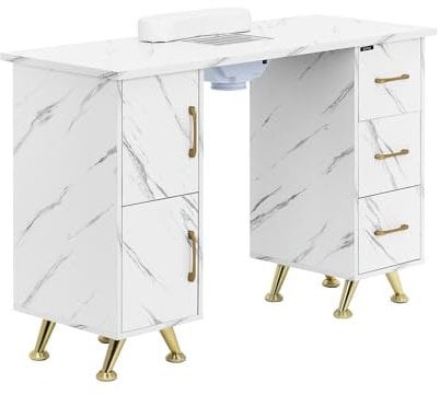 physa Table de manucure - avec aspiration - Marbré / Doré - 3 tiroirs - repose-mains Table onglerie Table manucure Table prothésiste ongulaire Table manucure avec aspirateur