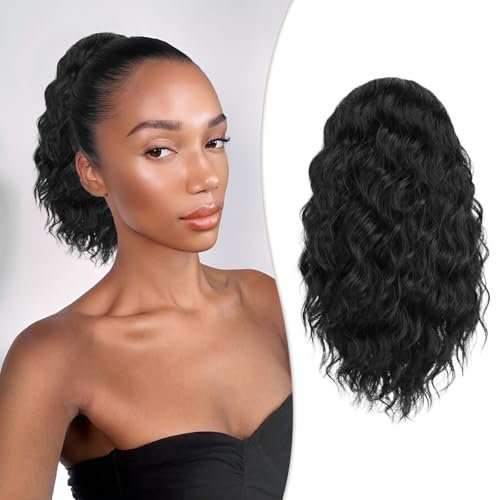 RUWISS Haarteil Natürlich Schwarz Lockig Pferdeschwanz, 30cm Clip in Gewellt Ponytail Extension Lang Pferdeschwanz Zopf Extensions Synthetik Haarverlängerung für Frauen Damen
