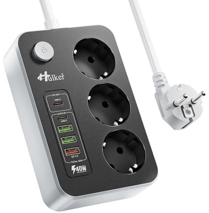Steckdosenleiste mit PD 20W USB-C-Anschlüssen, Hulker 3 Fach Mehrfachsteckdose mit 5 USB, Steckerleiste mit 2M Verlängerungskabel für Homeoffice Büro