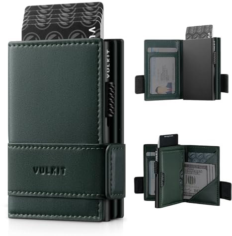 VULKIT Card Holder Bifold Pop Up Leather Wallet for Men RFID Blocking Metal Card Case, Hold 9 Cards and Banknotes, with ID Card Slot Window and Zipper Coin Pocket (Green)