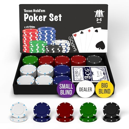 Soom Games Pokerset in kompakter Größe mit 110 Chips, Dealer Button, Big & Small Blind Buttons und Spielkarten, Premium Poker-Set für 2 bis 5 Spieler für Texas Hold’em, Blackjack, Casino-Spiele & mehr