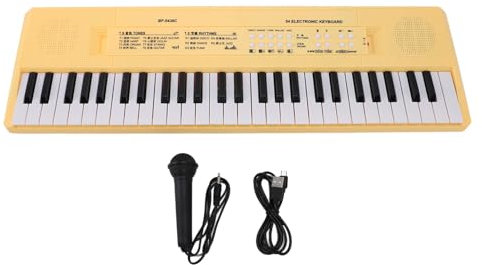 54 Key Piano Keyboard Educational Toy with Microphone, Recording Function, Safe Material, Portable, Dual Power for Kids Learning Music, USB Cable or Battery Powered (Yellow)