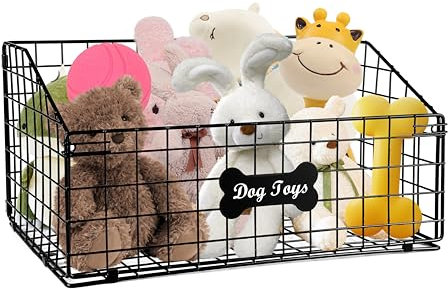 Geyecete Large Dog Toy Organizer - Wire Folding Basket - Chew-Proof - Cat & Puppy Toy Bin - Black