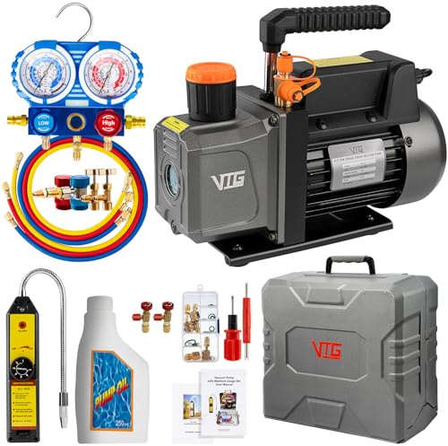 VTG VOGTEN Ensemble Pompe à Vide AC et jauge, kit de jauge de collecteur de Pompe à Vide de 4,5 CFM, kit de jauge pour Mini Split Auto HVAC Compatible avec R134a R12 R22 R410a, Comprend Un détecteur