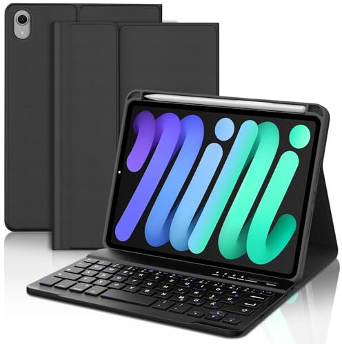 WAVATA Tastatur für iPad mini 7 2024 8.3 (A17 Pro), Hülle mit Tastatur für iPad mini 6 2021 Magnetisch Abnehmbare Bluetooth Kabellose QWERTZ Layout, Schwarz