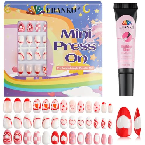 78 Pieces Press on Nails for Kids, EBANKU 3 Pack Kid Fake Nail Kit Red Heart Press on Nails for Girls 8-12 Years with Nail Builder Glue
