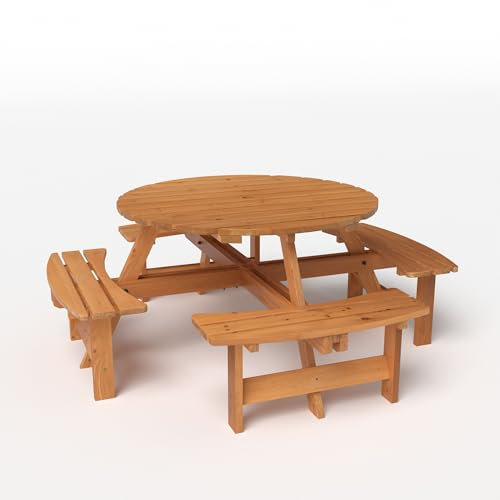 COSTWAY Ensemble Table de Pique-Nique en Bois pour 2 à 8 Personnes, Set Table et Banc Jardin Circulaire avec 4 Bancs Intégrés Trou de Parasol de 5 cm, pour Patio Pelouse (Jaune,179 x 179 x 70 cm)