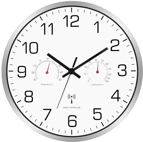 Couperos Wanduhr Funk Geräuschlos mit Thermometer & Hygrometer FunkWanduhr Lautlos 30 cm Wanduhr Ohne Tickgeräusche Funk für Wohnzimmer, Küche, Büro (Metall)
