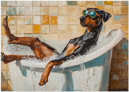 Doberman Pinscher Taking Bubble Bath Jigsaw Puzzle 1000 Pieces for Adults - Dog on a Bathtub in Bathroom - Pet Shower Decor Puzzles