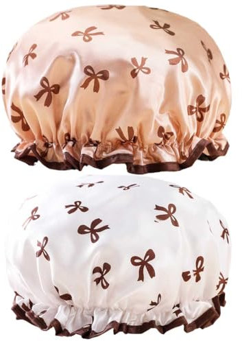 Bath Caps Elastic Band Waterproof Shower Caps With Ruffled Edge Covering Ears Keeping Hair Dry Kitchen Oil-proof Cap for Girls and Women (Bow)