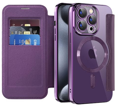 IMEIKONST Flip Wallet Case for iPhone 15 Pro Cover, Purple JDCX | RFID Blocking Card Holder, Camera Lens Protection, Magnetic Transparent TPU Back, Compatible with MagSafe, PU Leather