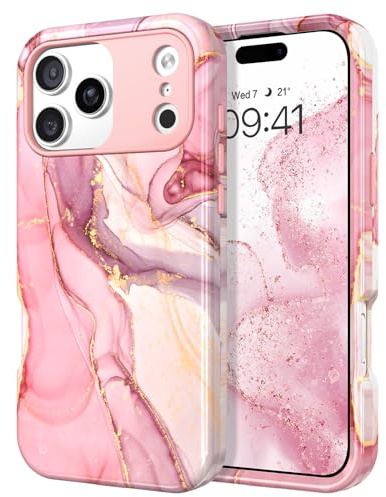 YINLAI for iPhone 17 Pro Max Case Marble Pattern 3 in 1 Full Body Rugged Hard PC Back Cover Bumper, Soft Silicone Drop Shockproof Protection Girly Women Case for Phone 17 Pro Max 6.9, Rose Pink